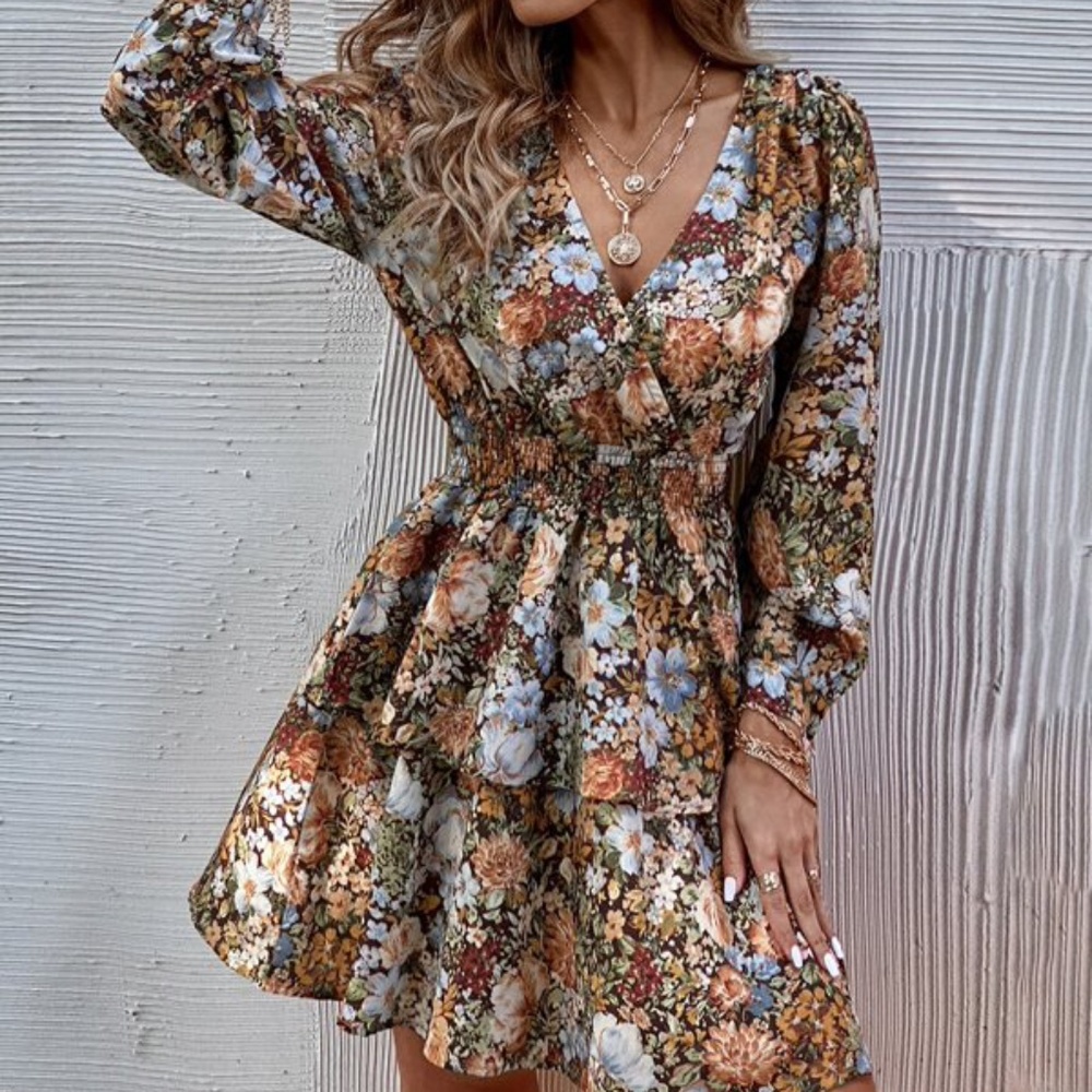 Boho Brown Blue Floral Print Surplice Ruffle Dress Cottagecore - Picture 9 of 10